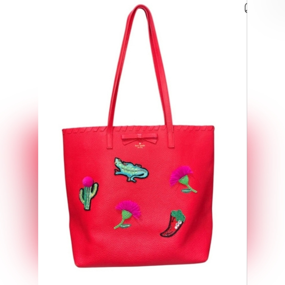 Kate Spade Hot Pink & Red Novelty On Purpose Prickly Pear pebbled leather Tote